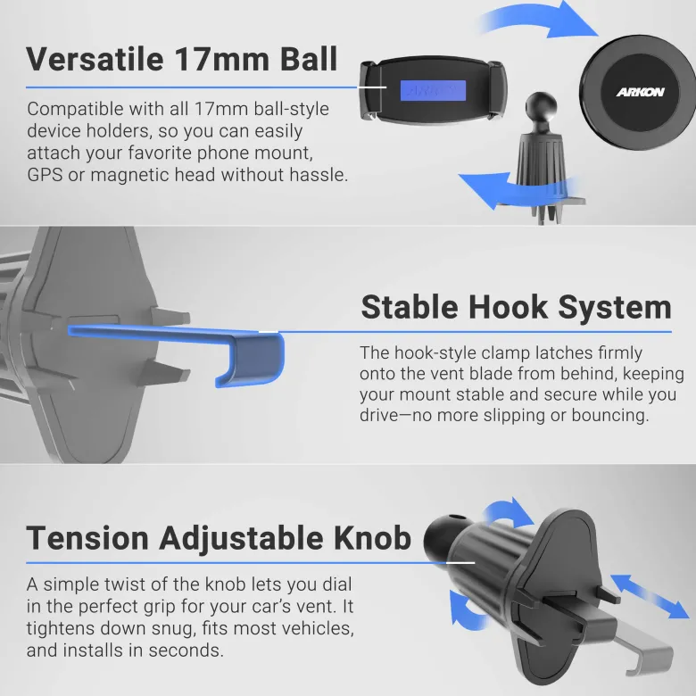 Adjustable Car Vent Mount with 17mm Ball