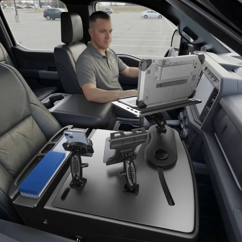 AutoExec Reach Front Seat Car Desk with Slim-Grip® Ultra Pro and RoadVise® Ultra Pro Drill-Base Mount