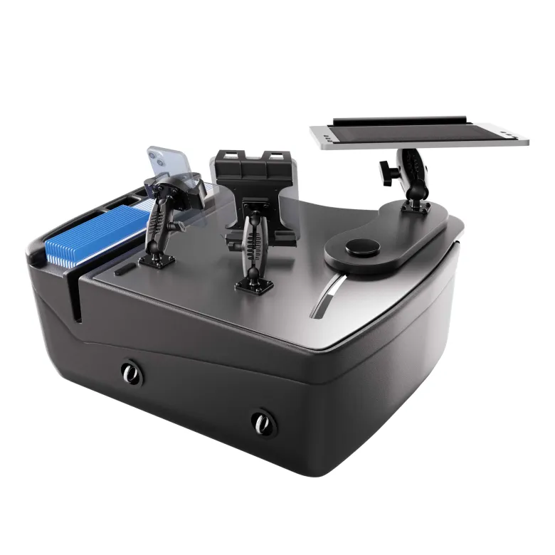 AutoExec Reach Front Seat Car Desk with Slim-Grip® Ultra Pro and RoadVise® Ultra Pro Drill-Base Mount