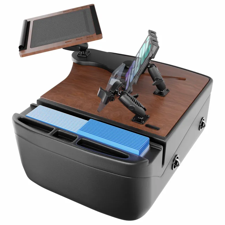 AutoExec Reach Front Seat Car Desk with Slim-Grip® Ultra Pro and RoadVise® Ultra Pro Drill-Base Mount