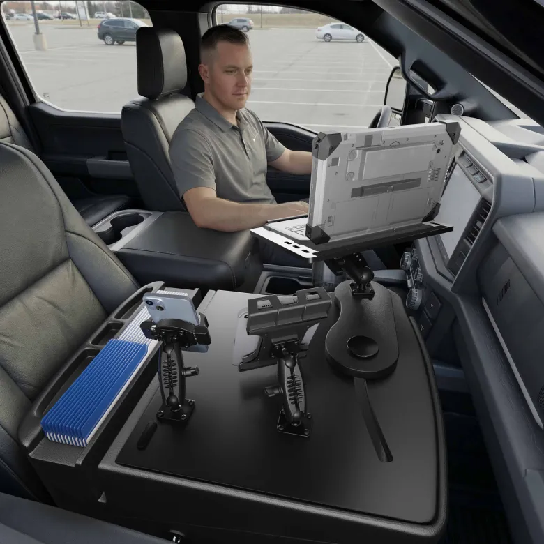 AutoExec Reach Front Seat Car Desk with Slim-Grip® Ultra Pro and RoadVise® Ultra Pro Drill-Base Mount