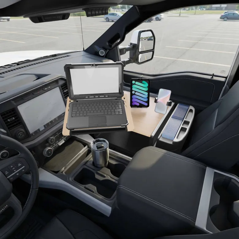 AutoExec Reach Front Seat Car Desk with Slim-Grip® Ultra Pro and RoadVise® Ultra Pro Drill-Base Mount