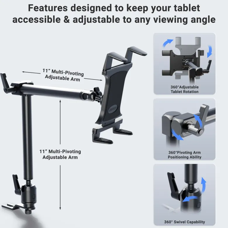 Heavy-Duty Car or Truck Seat Rail Tablet Mount with 22" Arm
