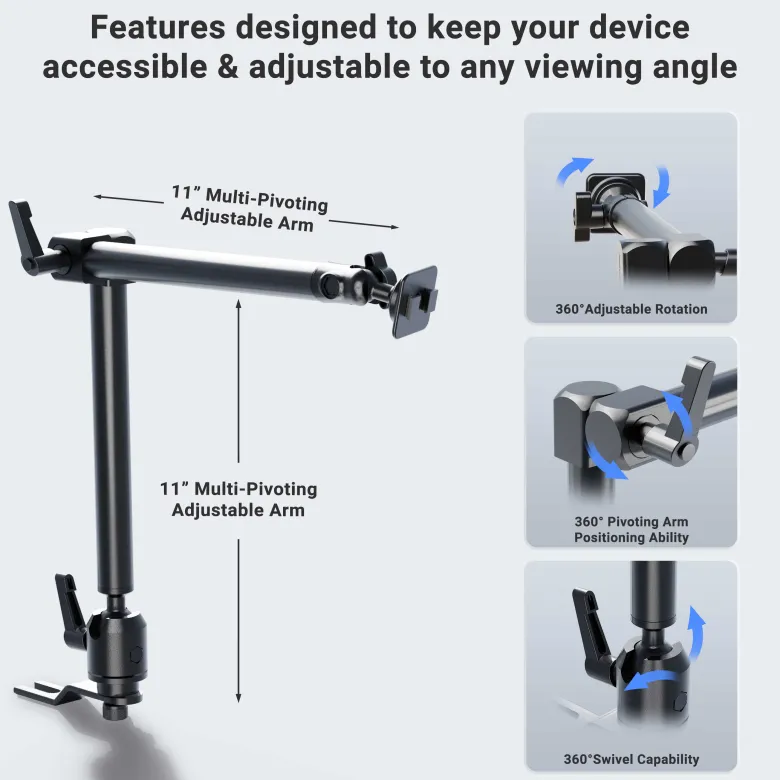 Heavy-Duty Seat Rail or Floor Car Mounting Pedestal with 22" Adjustable Arm - Dual-T Compatible