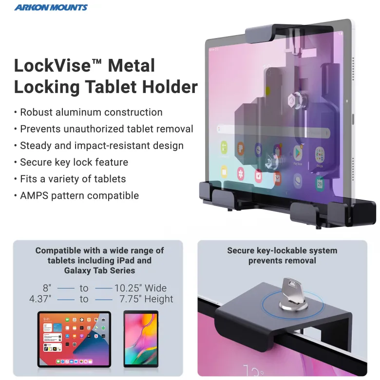 LockVise™ Metal Locking Tablet Mount with Drill Base Mount and Magnetic Micro USB Charge Cable for Commercial and Enterprise