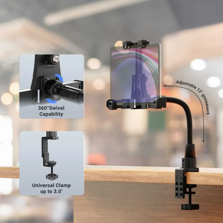 LockVise™ POS Locking Tablet Holder with 12” Gooseneck Clamp Mount