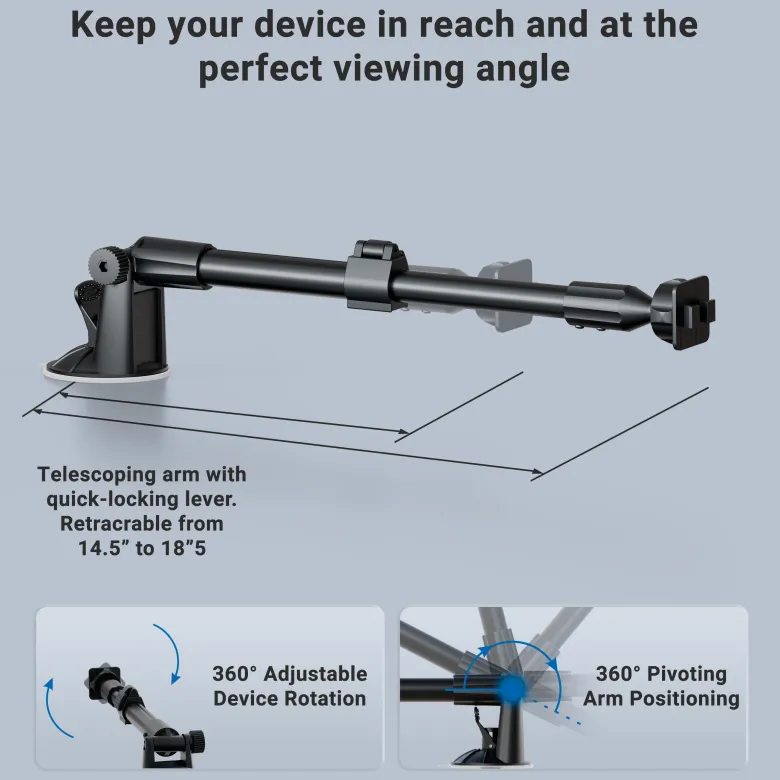 Long Arm Windshield Suction Mounting Pedestal with Dual-T Pattern