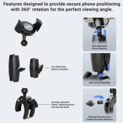 RoadVise® XL Robust Clamp Mount with Phone Holder and Security Knob Shaft