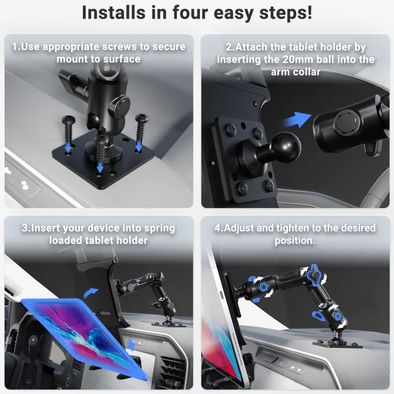 Slim-Grip® Tablet Holder with Drill-Base Mount and 8" Multi-Angle Arm