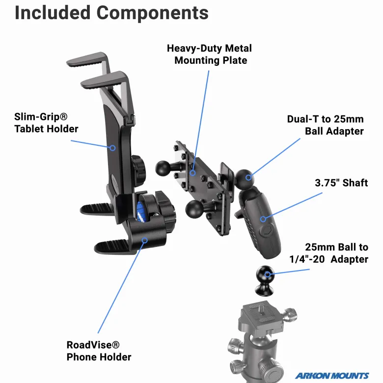 TW Broadcaster Slim-Grip® Tablet and RoadVise® Tripod Mount Holder for Streaming Live Video